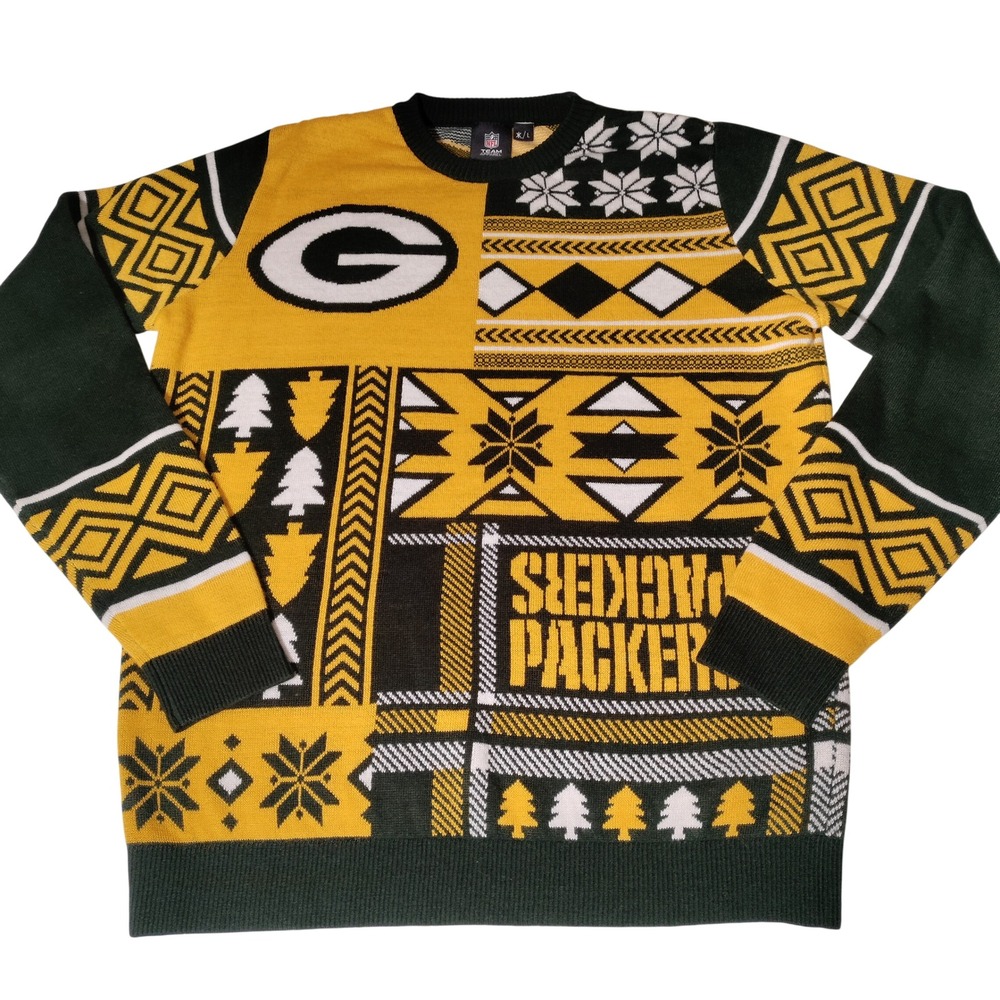 NFL Team Apparel Green Bay Packers Patchwork Holiday Sweater Mens L Green Gold
